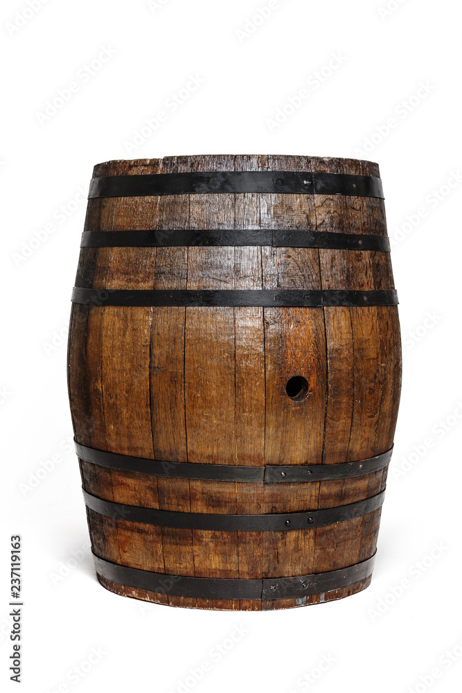 Wooden barrel with iron rings. Isolated on white background. Wooden barrel with iron rings. Isolated on white background.