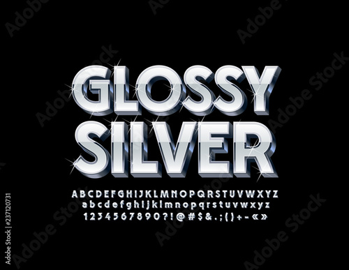 Silver Glossy 3D Font with sparkling Stars. Vector set of stylish Alphabet Letters, Numbers and Symbols.