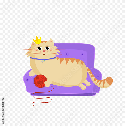 Princess cat lying on the sofa with red ball in paws and crown on head clip art