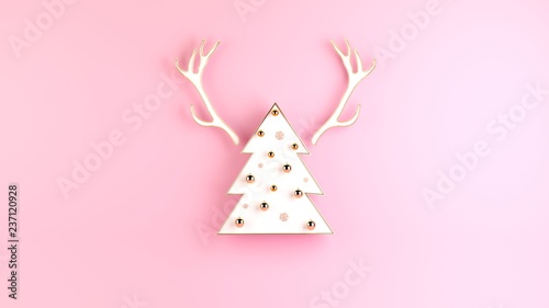 Creative 3d renderind Christmas background with White Christmas tree and deer horns on pink background. Minimal Creative Christmas concept.