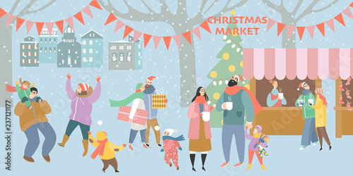 Illustration of a Christmas market with happy people drinking mulled wine and having a rest with family
