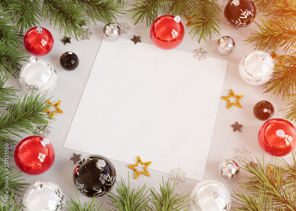 Fototapeta premium Christmas card mockup with red baubles 3D rendering