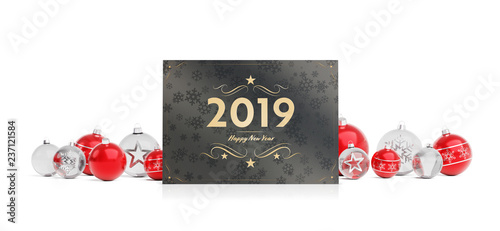 2019 card greetings laying on red baubles isolated 3D rendering