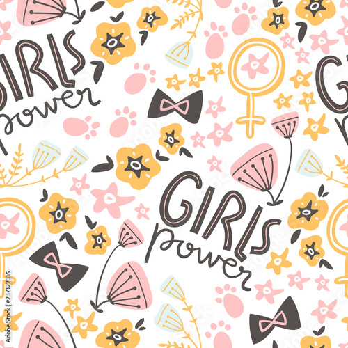 Vector doodle seamless pattern with concept lettering and flower