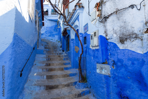 Blue-washed staircase in the old town of Chefchaouen, Morocco © Tjeerd