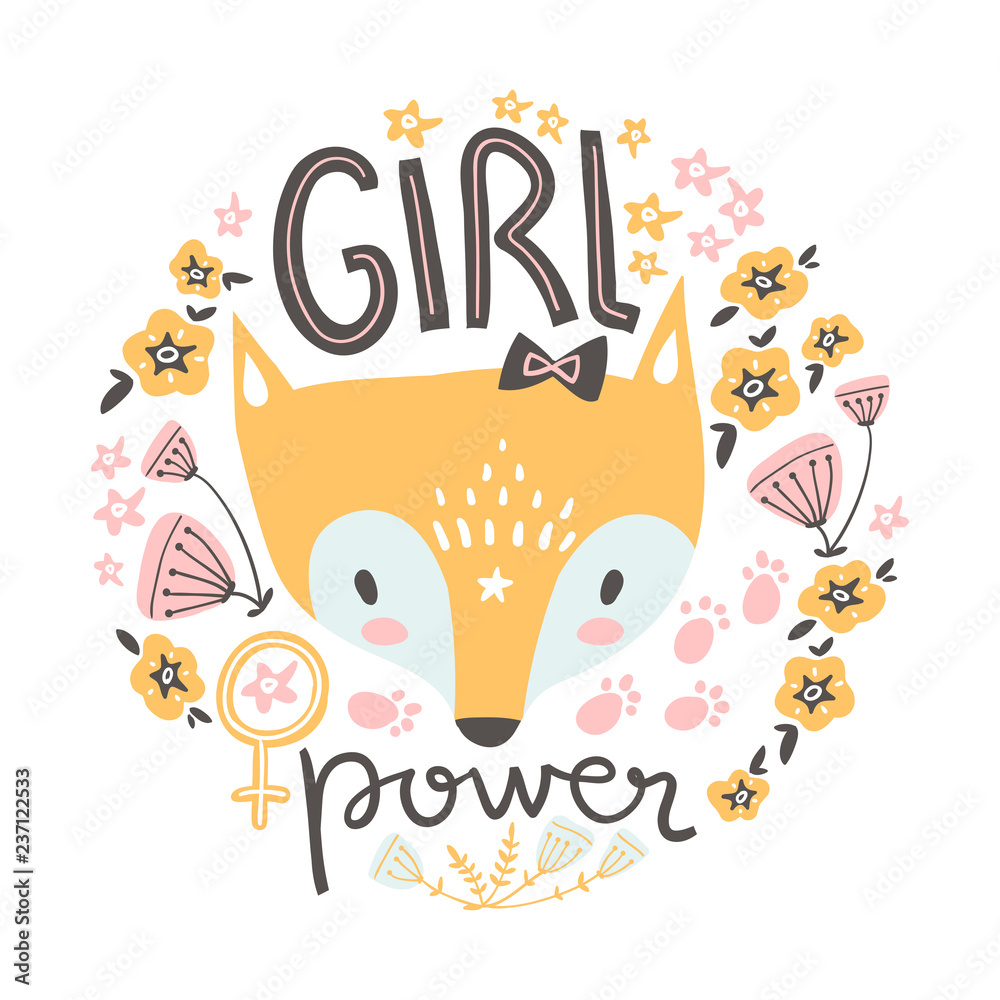 Cute baby girl fox. Hand drawn vector illustration. For kid's or baby's shirt design, fashion print design, graphic, t-shirt,kids wear.
