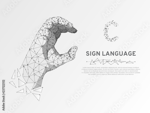 Origami Sign language C letter, hand that use the visual-manual modality to convey meaning. Polygonal space low poly style. People silent communication. Connection wireframe Vector on white background