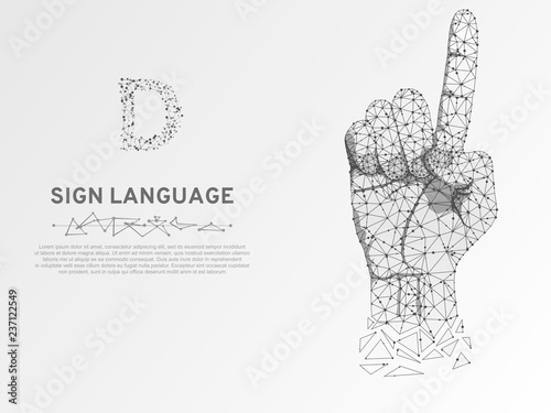Origami Sign language D letter, hand that use the visual-manual modality to convey meaning. Polygonal space low poly style. People silent communication. Connection wireframe Vector on white background