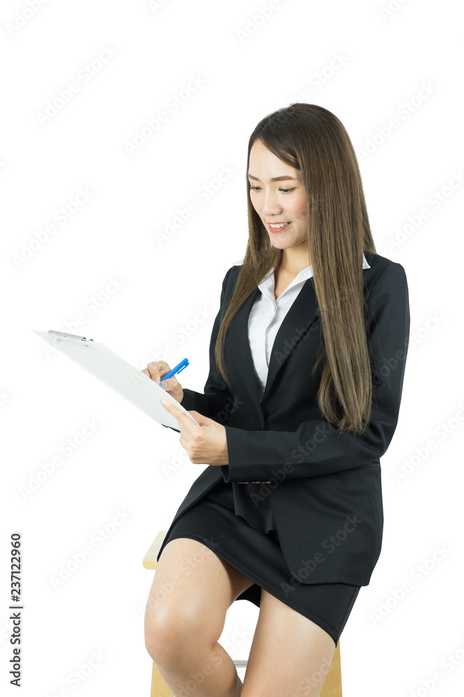 Asian business woman seated on chair and checking list order isolated on white background. Asian business woman seated on chair and checking list order isolated on white background.