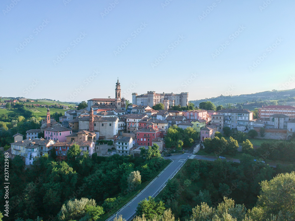 costigliole d'asti town, Langhe and Monferrato region, Piedmont, Italy. Aerial view