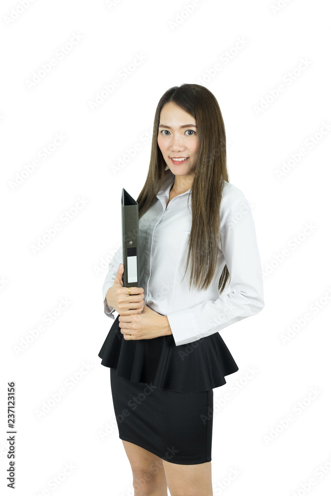 Young asian business woman holding file document isolated on white background. Young asian business woman holding file document isolated on white background.