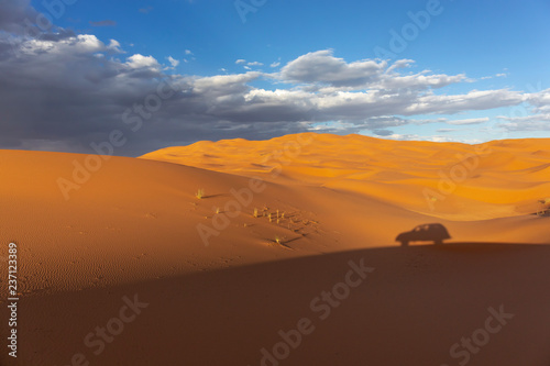 View of a very wide desert sand dunes with visible foot marks from some visitors and shadow of a car © Tjeerd