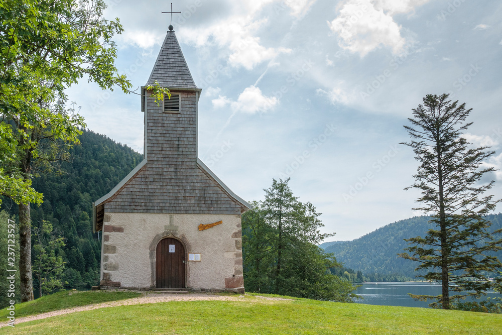 Longemer France, 15 july 2018. Little chapel Longemer lake  at the Vosges mountains in France.