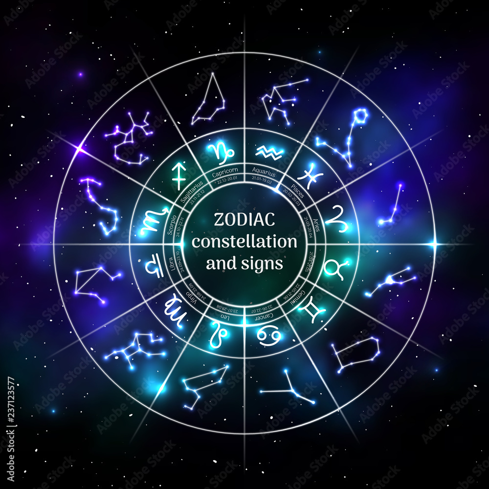 Zodiac circle with astrology symbols in neon style. Geometric representation of star signs for astrology horoscope. Zodiac calendar on universe background. Astrology constellation vector illustration Zodiac circle with astrology symbols in neon style. Geometric representation of star signs for astrology horoscope. Zodiac calendar on universe background. Astrology constellation vector illustration