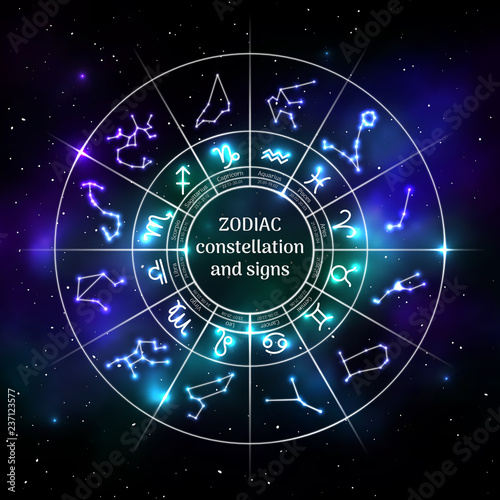 Zodiac circle with astrology symbols in neon style. Geometric representation of star signs for astrology horoscope. Zodiac calendar on universe background. Astrology constellation vector illustration