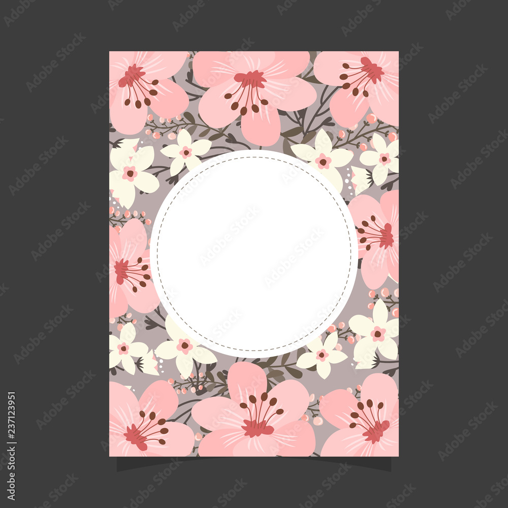 Common size of floral greeting card and invitation template for wedding or birthday anniversary, Vector shape of text box label and frame, Pink flowers wreath ivy style with branch and leaves.
