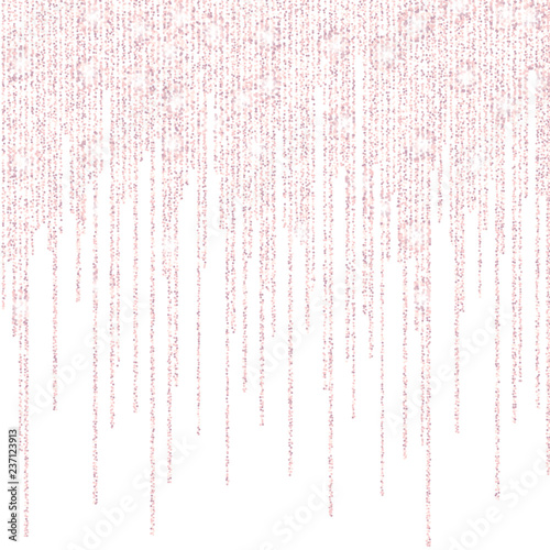 Vector falling in lines gold rose glitter confetti dots rain. Pink garland lights isolated on white background. Sparkling glitter border, party tinsels shimmer frame, holiday background design