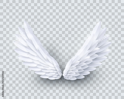 Fotografie, Obraz Vector 3d white realistic layered paper cut angel wings isolated on transparent