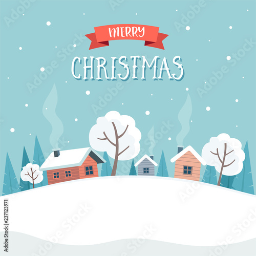 Winter landscape with cute houses and trees, merry christmas greeting card template.