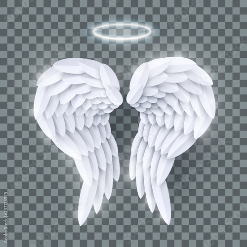 Vector 3d white realistic layered paper cut angel wings isolated on transparent background
