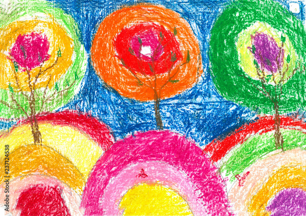 children drawing orange tree blue sky