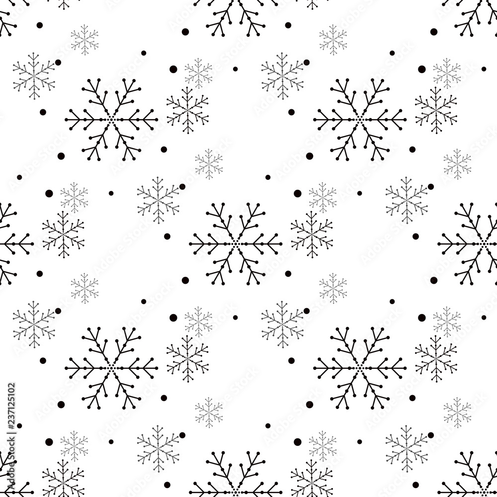 Snowflake simple seamless pattern. Black snow on white background. Abstract wallpaper, wrapping decoration. Symbol of winter, Merry Christmas holiday, Happy New Year celebration Vector illustration Snowflake simple seamless pattern. Black snow on white background. Abstract wallpaper, wrapping decoration. Symbol of winter, Merry Christmas holiday, Happy New Year celebration Vector illustration