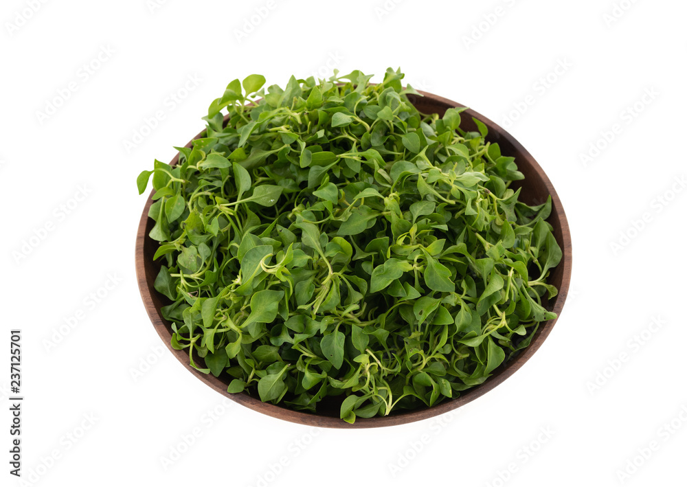 Watercress in wood bowl on isolate white background Watercress in wood bowl on isolate white background