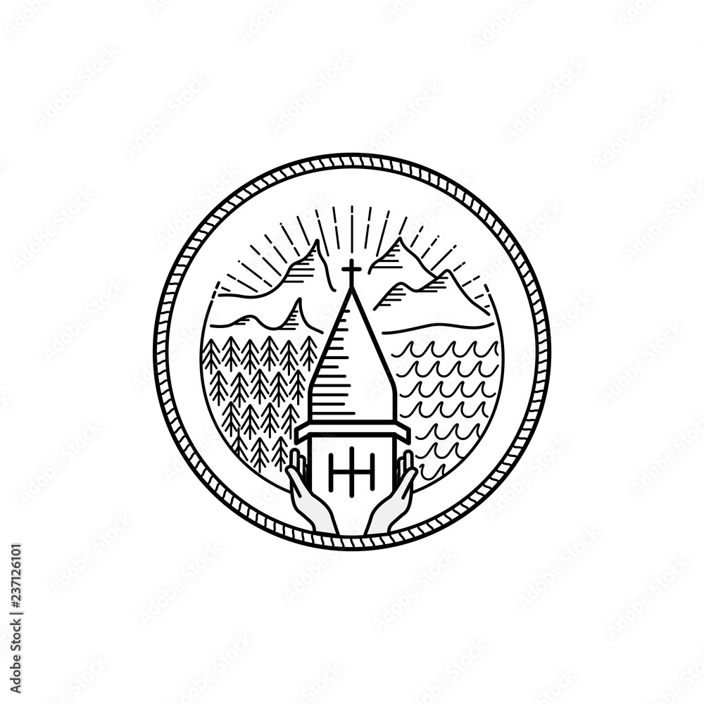 Line art Church vector illustration, icon or logo concept