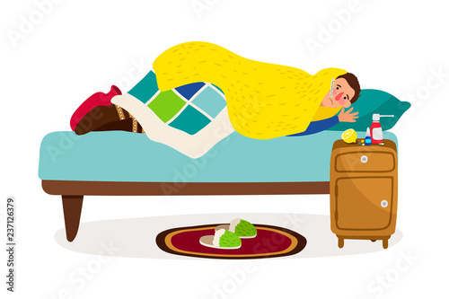 Sick man in bed. Vector cold fever ill character with sickness infectious disease, flu person at home with measuring thermometer on white background
