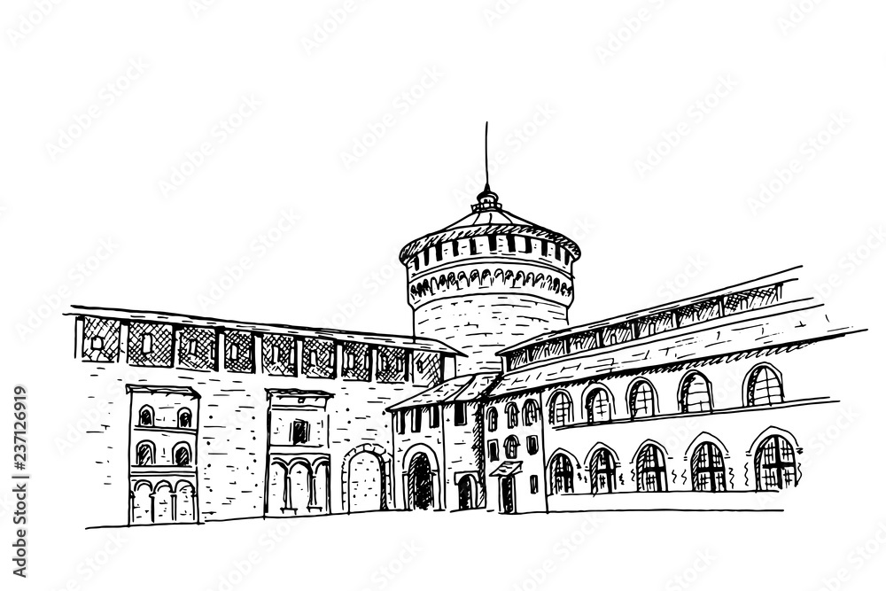 vector sketch of tower of the Sforzesco Castle, in Milan, Italy.