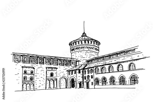 vector sketch of tower of the Sforzesco Castle, in Milan, Italy.