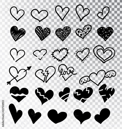 Hearts hand drawn set isolated. Design elements for Valentine s day. Collection of doodle sketch hearts hand drawn with ink. Vector illustration 10 EPS
