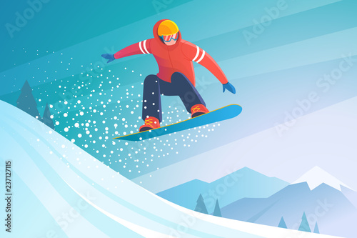 Snowboarding. Vector illustration of a jumping snowboarder in trendy flat style, isolated on snow mountains background.