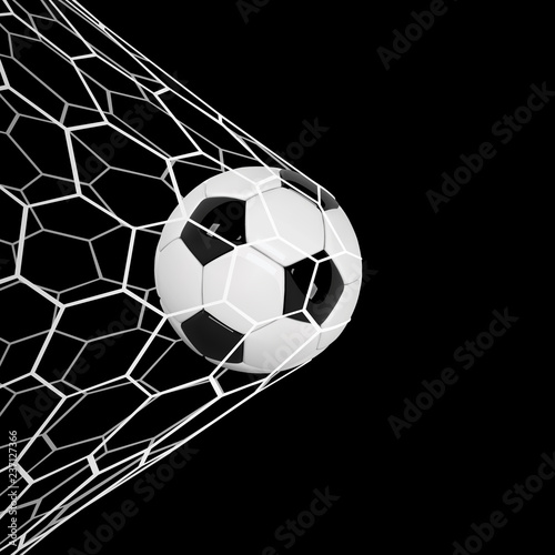  Realistic soccer ball or football ball in net on black background. 3d Style  Ball © Yury