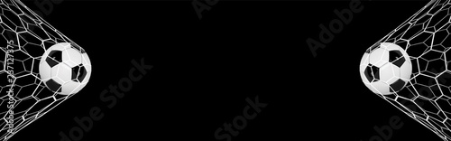 Soccer or Football Banner With 3d Ball on black background. Soccer game match goal moment with ball in the net