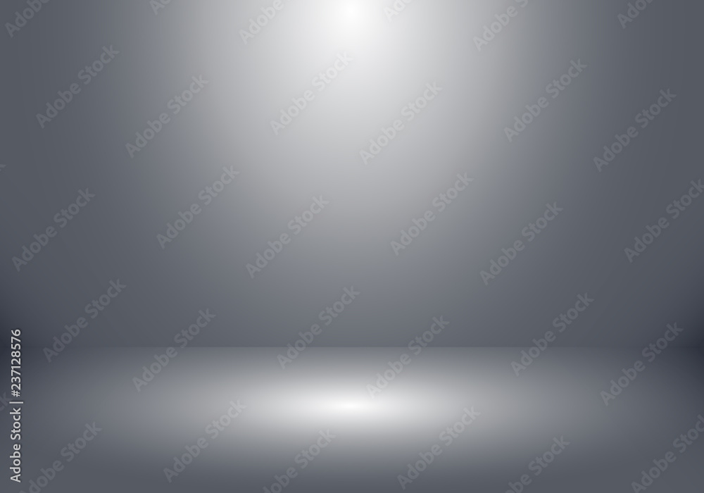3D empty studio room show booth for designers with spotlight on gray gradient background.