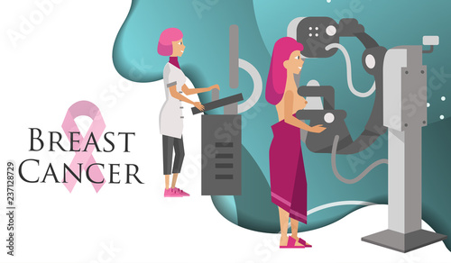 Doctor checking female patient breast with mammogram poster