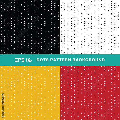 Set of abstract geometric dots pattern circles of random size on white, black, yellow, red background.