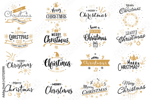 Set of Merry Christmas and 2019 Happy New Year card, sticker Set quotes with snowflakes, snowman, santa claus, candy, sweet candy, cookies. Vector. Vintage typography design for xmas, new year emblem