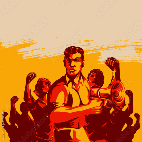 Crowd protest fist revolution poster design. Man leader in front of a crowd holding megaphone. Propaganda Background Style.