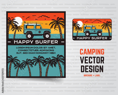 Surf graphics poster and logo. Happy surfer sign. Surfing design for patch, t-shirt, prints. Stock vector illustration isolated on white background