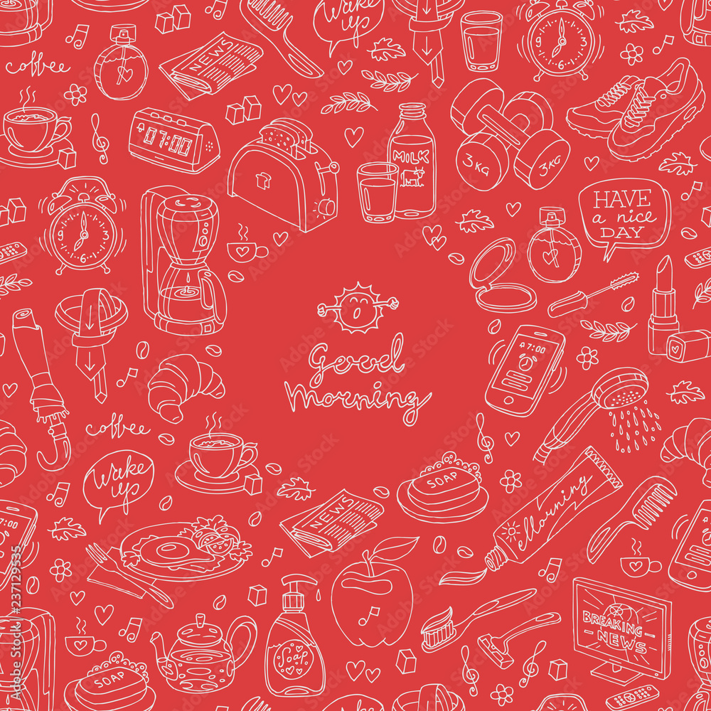 Handmade draw sketch vector seamless pattern of morning and breakfast icon with red background. Handmade draw sketch vector seamless pattern of morning and breakfast icon with red background.