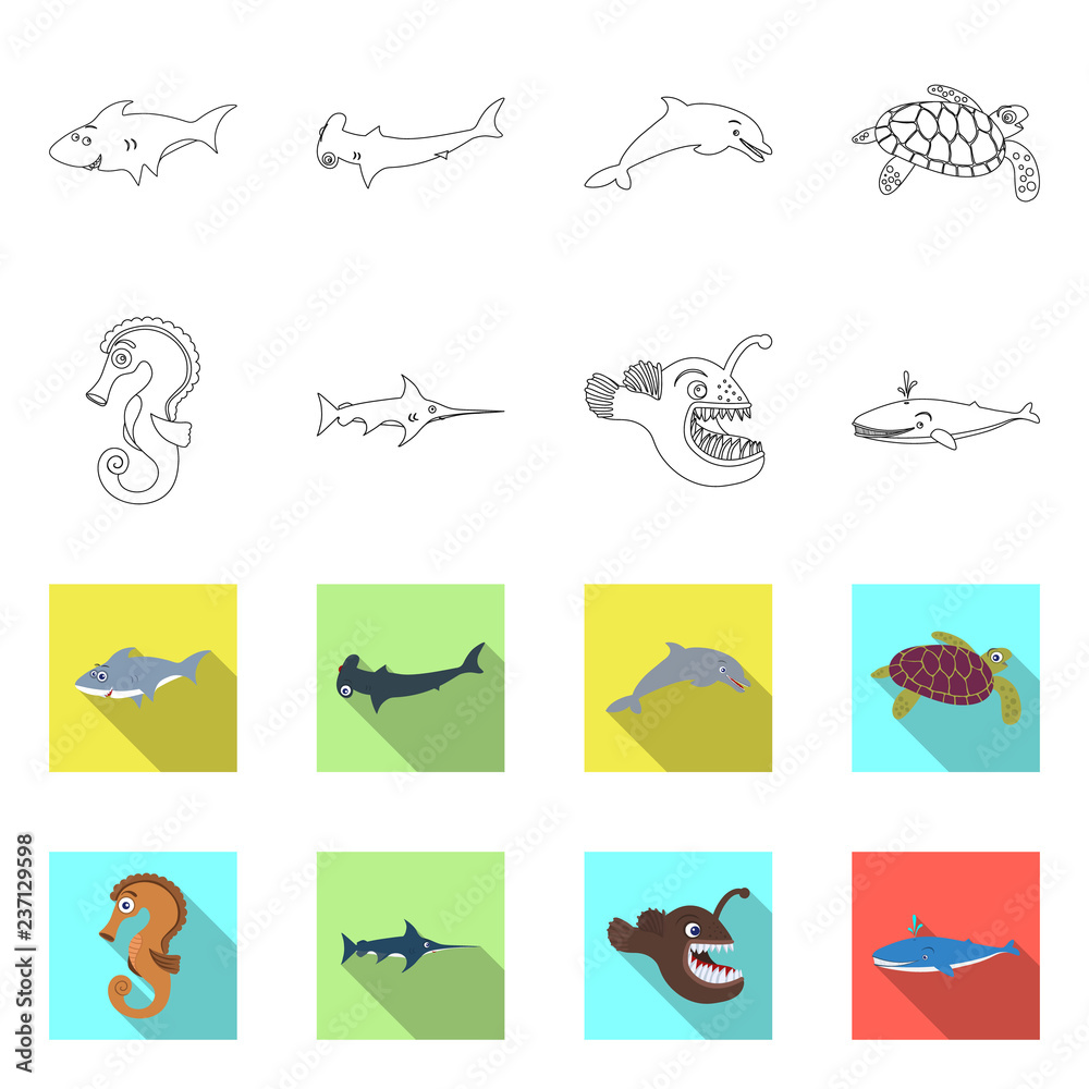 Vector design of sea and animal icon. Set of sea and marine vector icon for stock.