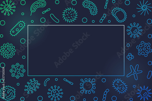 Virus horizontal colorful frame or background with place for your text. Vector concept illustration in thin line style on dark background