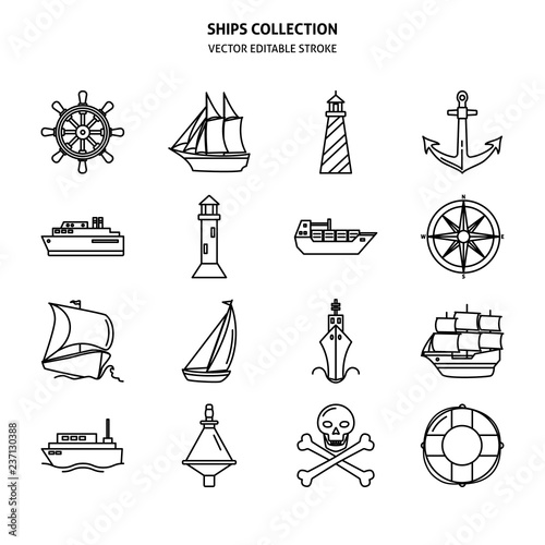 Sea collection of ship and nautical icons in line style