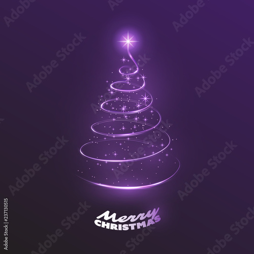 Merry Christmas, Happy Holidays Card - Dark Christmas Tree Shape Made from Bright Spiralling Light 