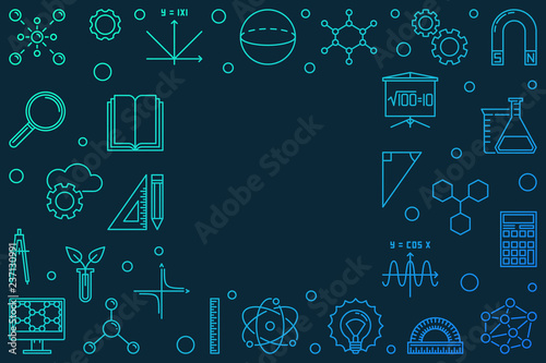 Science, Technology, Engineering and Mathematics colored horizontal frame. Vector STEM concept outline illustration on dark background