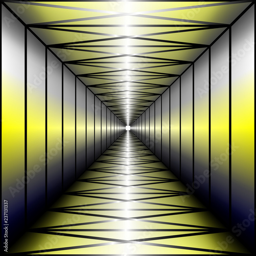 geometric glowing tunnel stretching into the distance, optical illusion