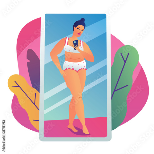 Color vector illustration of a plump girl taking a selfie. Modern poster about body positive. Plus size girl relieves herself in the mirror. The reflection of the girl in underwear in the mirror