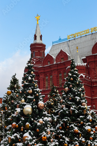 Historical Museum in Moscow, Russia, Red Square, Manege Square, Christmas trees in decorations. Hima. photo